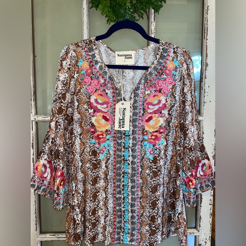 Savannah Jane blouse with intricate embroidery.